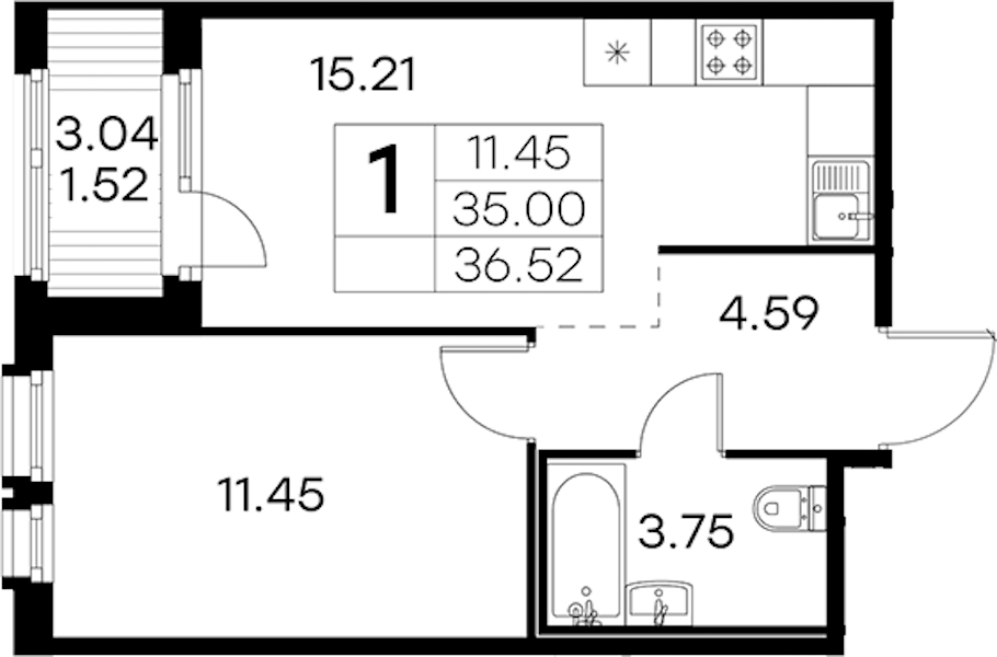 1-комнатная квартира 36.52 м², 12/15 эт., ЖК «GloraX Парголово»
